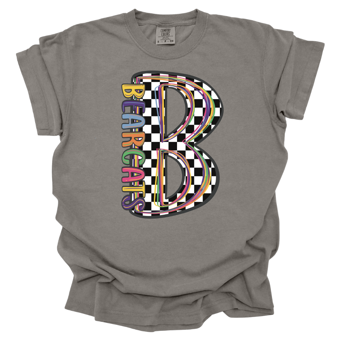 bold colorful bearcats design on a grey comfort colors t-shirt
