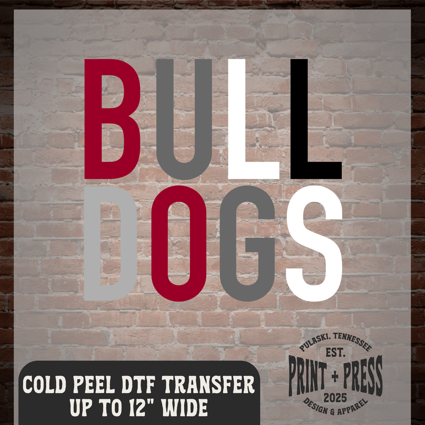 Crimson & White Bulldogs Block Print DTF Transfer