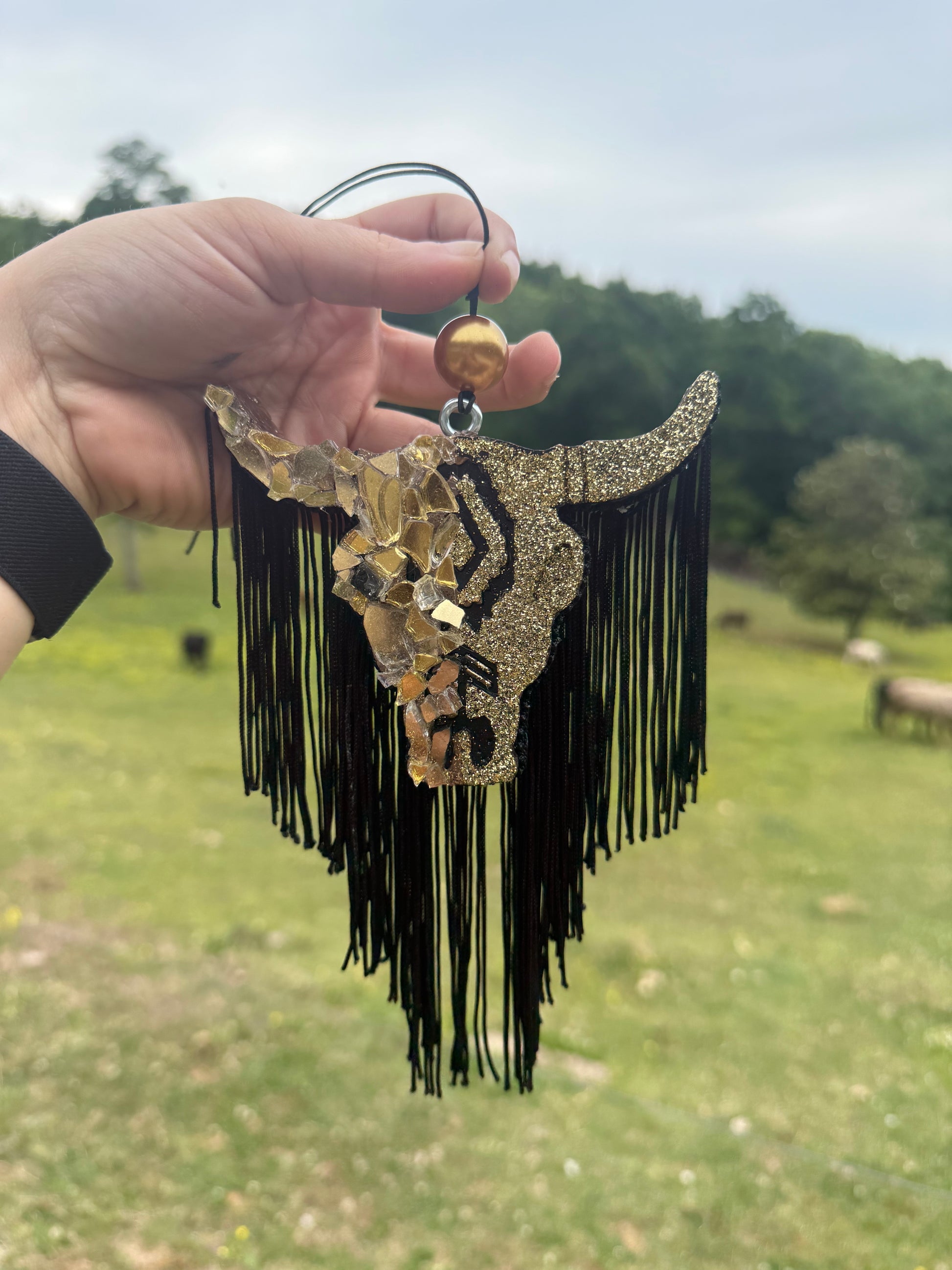 Hand holding a decorative cow skull with fringes against a blurred outdoor background
