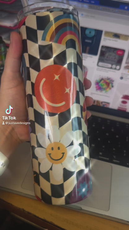 Retro Check Smiley & Floral Tumbler