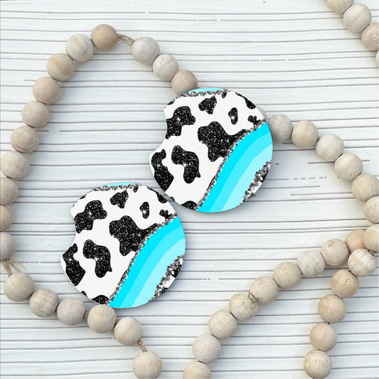 Boho Cow Print & Glitter Car Coaster Set